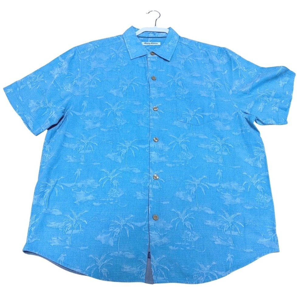 Tommy Bahama Silk Palm Tree Camp Shirt Mens Large Blue